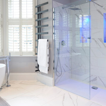 Hotel inspired shades of Grey Master bedroom, dressing room and bathroom