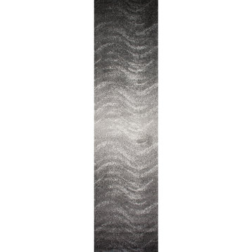 Contemporary Ombre Waves Polypropylene Rug, Gray, 2'6"x12' Runner