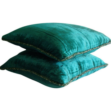 Solid Color Green Velvet 26x26 Euro Pillow Covers, Royal Peacock Green Shimmer