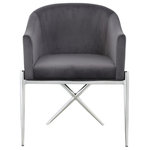 Meridian Furniture - Xavier Velvet Dining Chair, Gray, Chrome Legs - Spread elegance and modernity to your dining room with this Xavier grey velvet dining chair from Meridian Furniture. This beautiful chair features a simple barrel seat with a plush cushion and back, ensuring that every meal is a comfortable one. The chrome steel legs provide durable support while you sit, and an "X" leg in the back lends the chair an uber-modern vibe. Chrome finishing on the base is sleek and chic, giving this chair a contemporary edge that's well at home in any modern dining room. Sleek grey velvet upholstery is durable and tough yet soft against your body, elevating meal times to a luxurious experience.