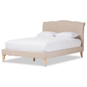 Fannie French Classic Linen Fabric Platform Bed, Beige, Queen