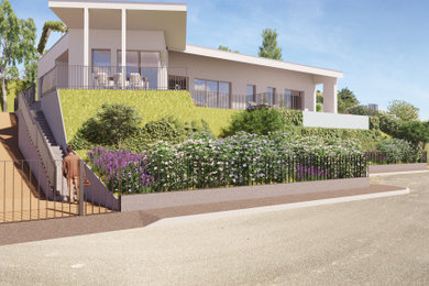 Ispirazione per la villa grande beige contemporanea a un piano con tetto piano, copertura verde, terreno in pendenza e tetto grigio