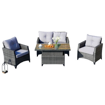 4-Piece Patio Sofa Set With Aluminum Rattan Lift Table, Gray