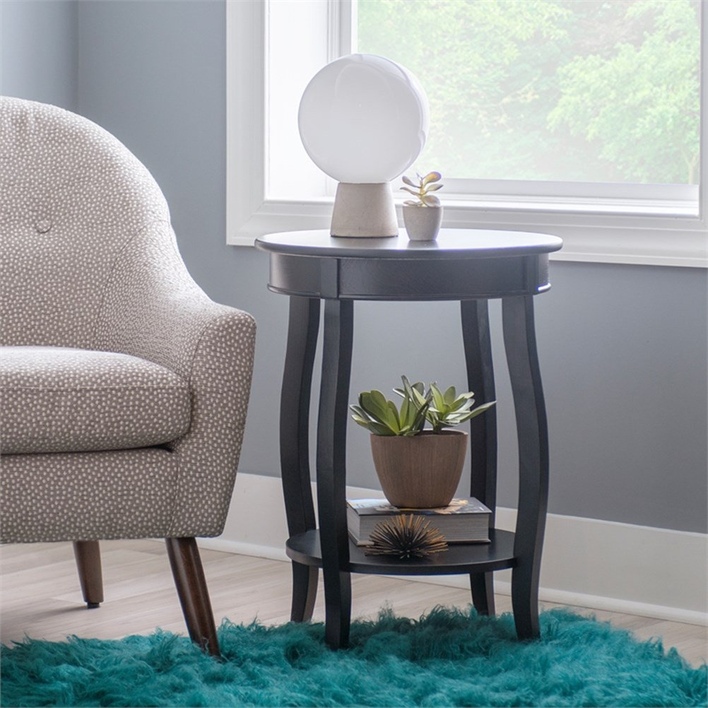 Round Black Wood End Table with Storage and Shelf main image 1