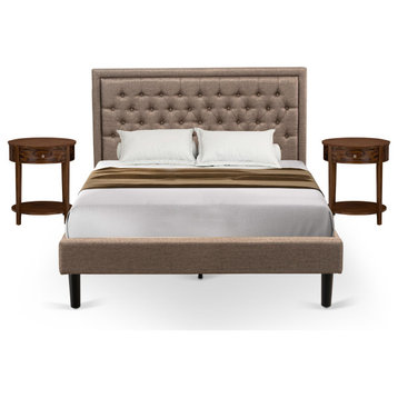 3-Piece Queen Size Bed Set, 1 Queen Size Bed Dark Khaki, 2 Wooden Nightstand