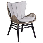 Armen Living - Fanny Outdoor Patio Dining Chair, Dark Eucalyptus Wood and Truffle Rope - Embrace a comfy retreat with our Fanny outdoor dining chair in eucalyptus wood and rope. The dynamic and sculptural profile of the dining arm chair is accentuated with an elegant rope weave. The modern charm of the resilient and weather resistant rope harmoniously pairs with the architectural eucalyptus base. Featuring an elongated seat that seamlessly flows into the armrest and a gracefully curved back, our outdoor accent chair simply wraps you in comfort. Its expertly tailored cushioning follows the contours of the chair for an utterly comfortable stay. Moisture and water are ongoing concerns for outdoor furniture. Even if your furniture stays out of the rain, condensation is likely going to build up. Polyester is not permeated easily by water. Secondly, polyester resists the types of molds and mildews that will take root in fabrics made of natural fibers. This means the patio furniture will have a longer life if it features polyester upholstery. One of the best reasons to choose Eucalyptus wood for your outdoor furniture or four-seasons porch is that it is exceptionally resistant to decay and rot. It naturally resists the influence of moisture because of the high oil content it naturally contains. That means it can get damp without you worrying about whether damage will occur. It can withstand several different outdoor elements while lasting for many years if it receives proper care. The Fanny outdoor dining chair is perfect for your porch, backyard, patio, or indoor space! This patio chair is available with a natural eucalyptus wood finish, grey cushion, and your choice of charcoal or truffle grey rope.