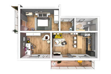 Mittelgroßes, Abgetrenntes Modernes Wohnzimmer ohne Kamin mit grauer Wandfarbe, hellem Holzboden, freistehendem TV und braunem Boden in Nürnberg