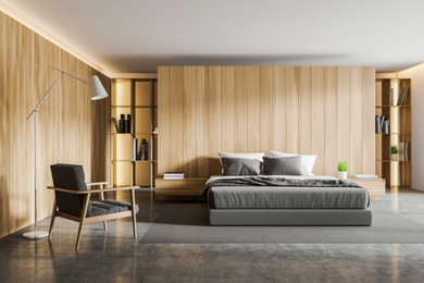 Ejemplo de dormitorio principal escandinavo de tamaño medio con paredes blancas, suelo de cemento y suelo gris