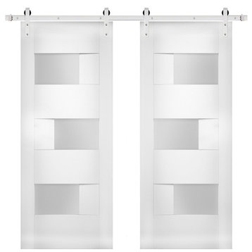 Double Barn Doors Opaque Glass / Sete 6933 White Silk / Silver 13FT Rail, 36" X 96" ( 2* 18x96)