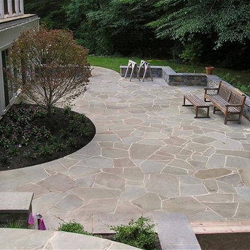 Irregular Mortared Stone Patio w Seat Walls, Steps