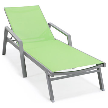 LeisureMod Marlin Patio Chaise Lounge Chair With Arms Gray Frame, Green