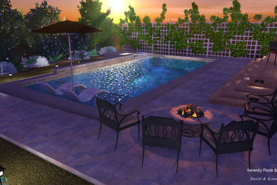 Imagen de piscinas y jacuzzis naturales minimalistas de tamaño medio rectangulares en patio trasero con adoquines de ladrillo