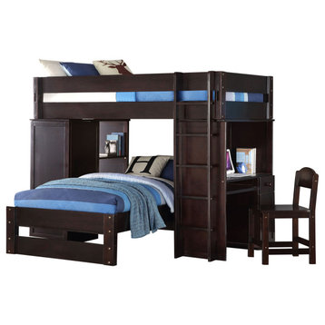 Wooden Loft Bed With Twin Size Bed And Wardrobe Space, Brown