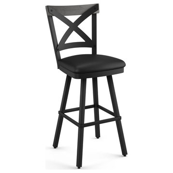 Amisco Snyder Counter and Bar Stool, Charcoal Black Faux Leather / Grey Wood / Black Metal, Bar Height