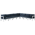 Meridian Furniture - Nizuc Water Resistant Patio L-Shaped Modular Sectional, Navy, 8-Piece: 5 Armless Chair, 3 Corner Chair, White Aluminum Frame - Pick and choose your favorites from the Nizuc collection to create a modular seating group the whole gang will enjoy. The sturdy aluminum frame provides dependable support for friends and family as they relax and unwind, and the resilient navy water resistant fabric stands up to the elements without losing its beautiful demeanor, so you can count on it lasting for the long haul. Latches beneath these seating pieces help you easily attach them to one another for convenient setup.