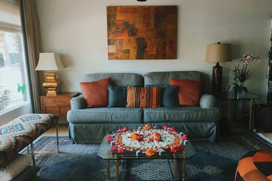 Example of a mid-sized classic formal and enclosed light wood floor and brown floor living room design in Los Angeles with white walls