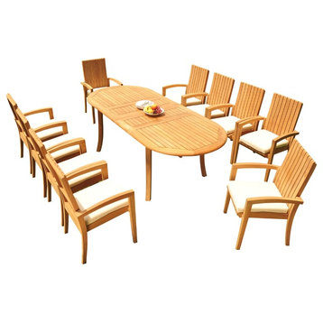 11-Piece Outdoor Teak Dining Set: 94" Oval Ext Table, 10 Goa Stacking Arm Chairs