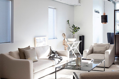 Living room - mid-sized contemporary open concept dark wood floor living room idea in New York with white walls and no fireplace