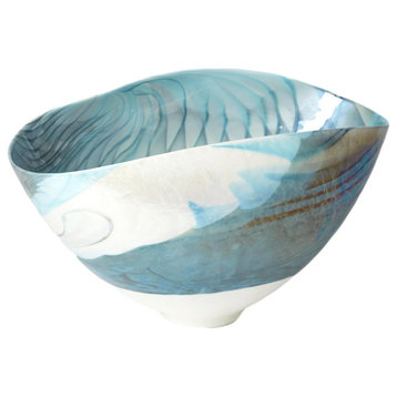Luxe 16.5" Folded Oval Art Glass Turquoise Swirl Bowl Aqua Blue Feather Ivory