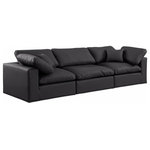 Meridian Furniture - Comfy Upholstered Modular Sofa, Black, 3-Piece: 1 Armless Chair, 2 Corner Chair, Vegan Leather - Give your space a whole new look with this black Comfy vegan leather sofa. This handsome sofa fits nicely with other items in the Comfy collection and is a versatile seating option designed for adaptability, comfort and style. Wrapped in rich black durable vegan leathered upholstery, this sofa offers a plush embrace of overstuffed down feather cushions, carefully crafted to deliver the highest level of comfort. The perfect seat for creating an oasis for relaxation, this sofa has thick foam surrounding its frame for added support and coziness.