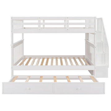 Gewnee Pine Wood Full Over Full Bunk Bed with Trundle and Stairway in White