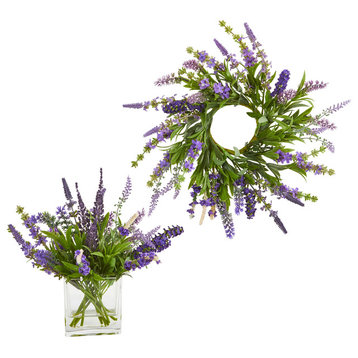 12" Lavender Arrangement and 14" Lavender Wreath, 2-Piece Set