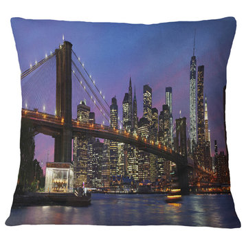 Brooklyn Bridge And Manhattan At Sunset Throw Pillow, 18"x18"