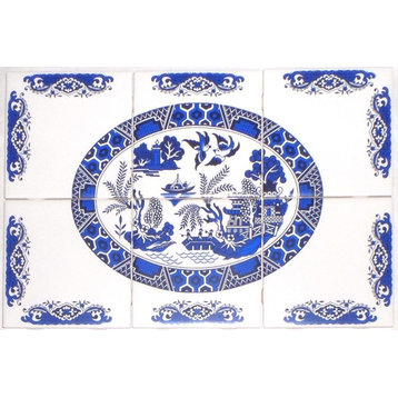 Blue Willow Kiln Fired Ceramic Tile Mural Backsplash, 6-Piece Set