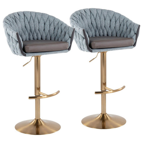 Braided Matisse Adjustable Bar Stool, Set of 2, Gold Steel/Blue Fabric/Gray PU