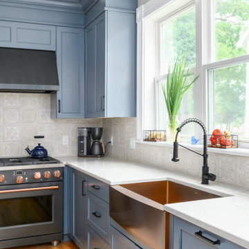 Blue Paint and Walnut Kitchen - Auburndale, MA