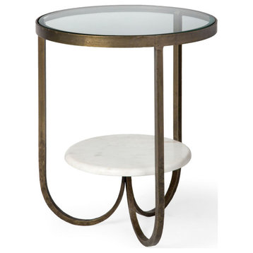 HomeRoots Round Glass Top Metal Side Table With Marble Shelf on Bottom