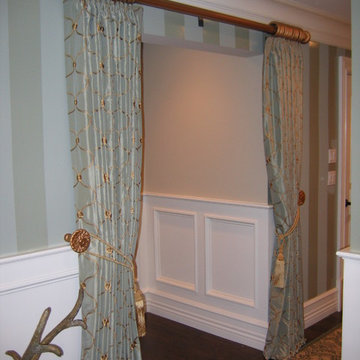 Custom Top Pleat Draperies with Tassel Tie Backs for Stairwell Entry