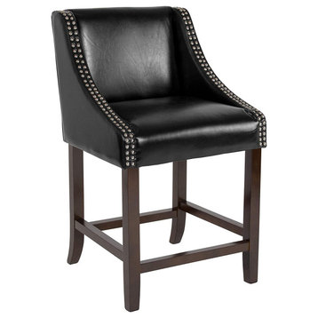 Contemporary Counter Stool, Slopped Arms and Nailhead Trim, Black Leathersoft
