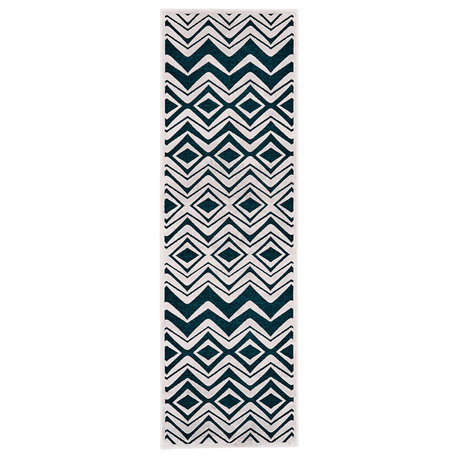 Weave & Wander Qazi Textured Lustrous Geometric Area Rug, Teal/White, 2'6"x8'