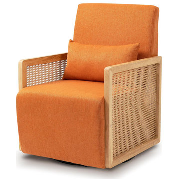 Modern Accent Chair, Swiveling Linen Upholstered Seat & Rattan Sides, Orange