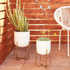 Contemporary Style Large Round Metallic Metal Planters in Stands, Set of 2