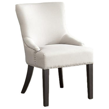 Set of 2 Dining Chair, Birch Wooden Legs & Linen Seat With Nailhead Trim, Beige
