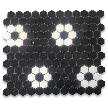 Nero Marquina & Thassos White Marble Rosette 1" Hexagon Tile Polished, 1 sheet