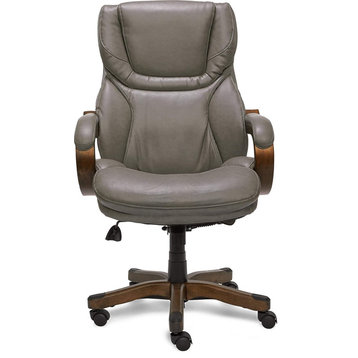 Modern Office Chair, Bonded Leather Seat With Lumbar Support, Grey