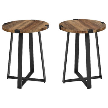 Modern Industrial 2-Piece Metal Wrap Wood Side Table Set - Rustic Oak