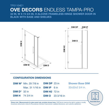 Endless TP01104E1 Tampa-Pro Alcove and Base 32" W x 74 3/4" H Black