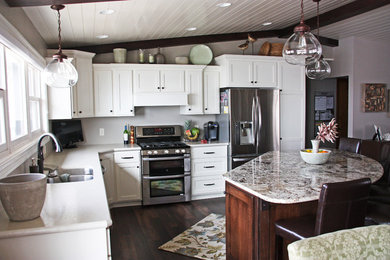 Inspiration for a transitional l-shaped dark wood floor kitchen remodel in Minneapolis with an undermount sink, recessed-panel cabinets, white cabinets, granite countertops, stainless steel appliances and an island