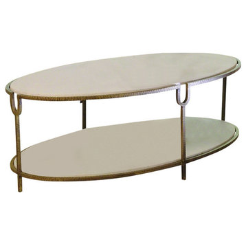 Hammered Gold Iron Marble Classic Oval Coffee Table, Shelves Stone White Luxe