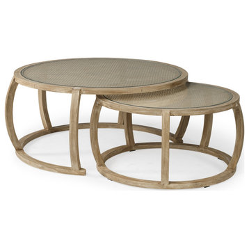 HomeRoots S/2 41.5" Round Woven Cane Glass Top and Solid Wood Coffee Tables