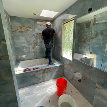 Bathroom Remodel; Huge Blue Tiles; Luxury shower and tub