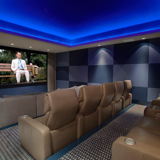 Trendy enclosed carpeted and multicolored floor home theater photo in Orlando with multicolored walls and a projector screen