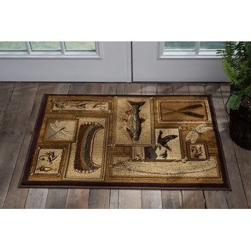 Trout Fishing Novelty Lodge Pattern Ivory Scatter Mat Rug, 2'x3'