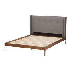 Brooklyn Midcentury Modern Walnut Wood/Fabric Platform Bed, Gray, Queen