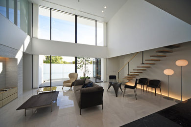Example of a large minimalist ceramic tile and white floor great room design in Nagoya with white walls