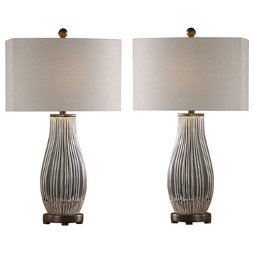 Crackled Ceramic Ribbed Gray Table Lamp Bronze/Brown Vintage Style, Set of 2